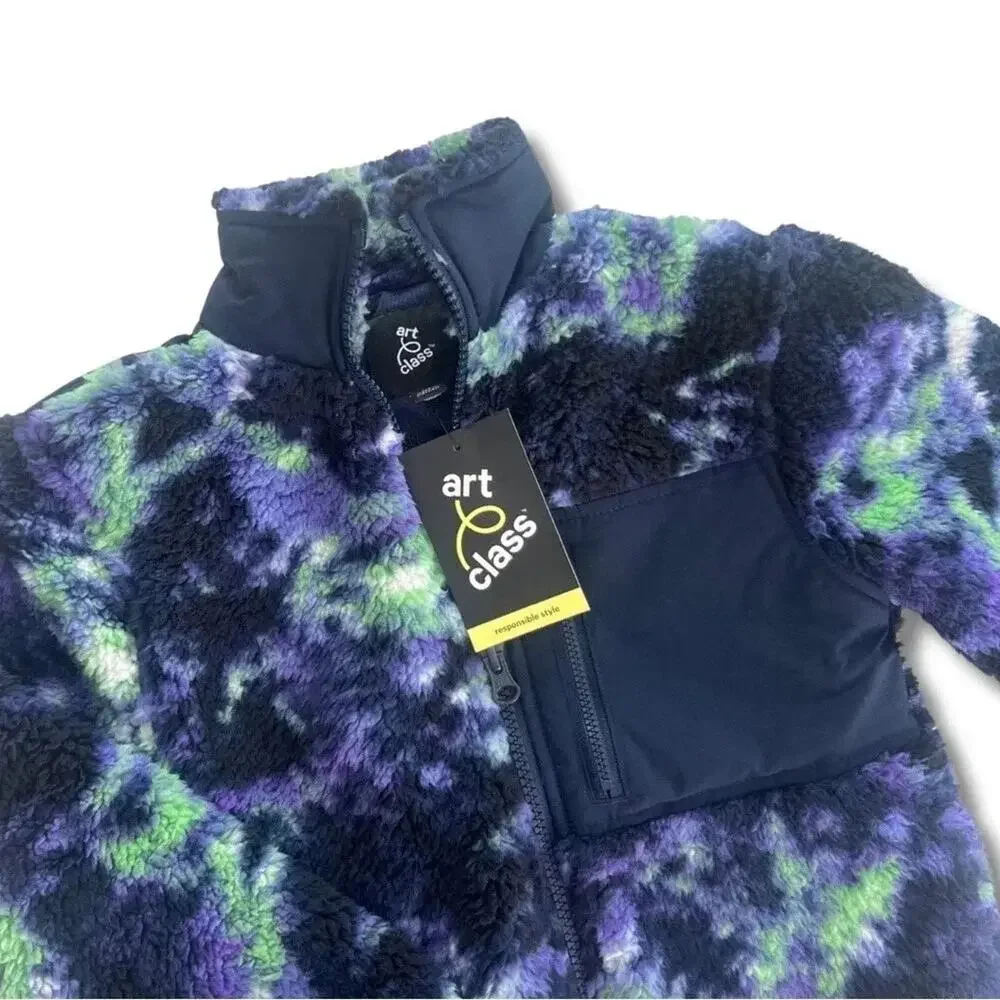 Art Class Sherpa Fleece Jacket Boys XS 4/5 Purple Blue Green Full Zip Pocket New
